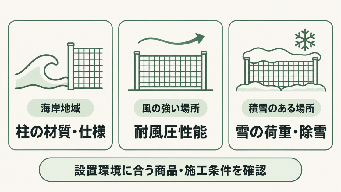 海岸地域では柱の材質・仕様、風の強い場所では耐風圧性能、積雪のある場所では雪の荷重と除雪を確認。設置環境に合う商品と施工条件を選ぶ。