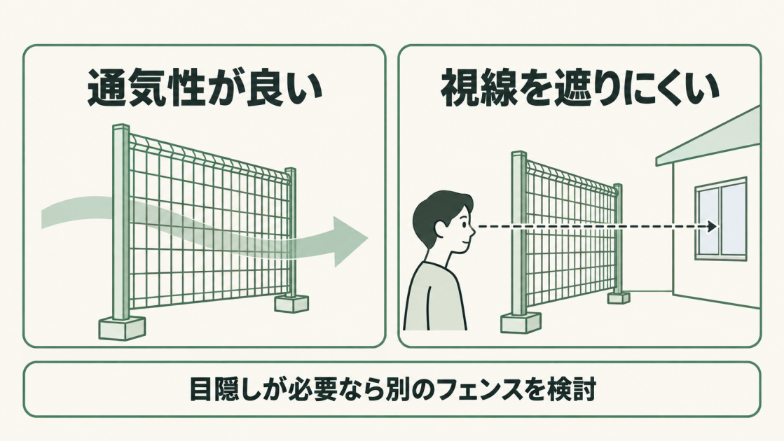 メッシュフェンスは網目を風が通る一方、視線も通りやすい。通気性は良いが視線を遮りにくいため、目隠しが必要な場合は別のフェンスを検討する。