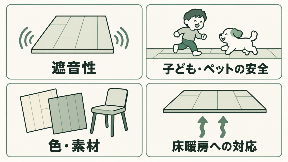 床材選びでは、遮音性、子どもやペットへの安全性、内装にあう色や素材、床暖房への対応を確認する。