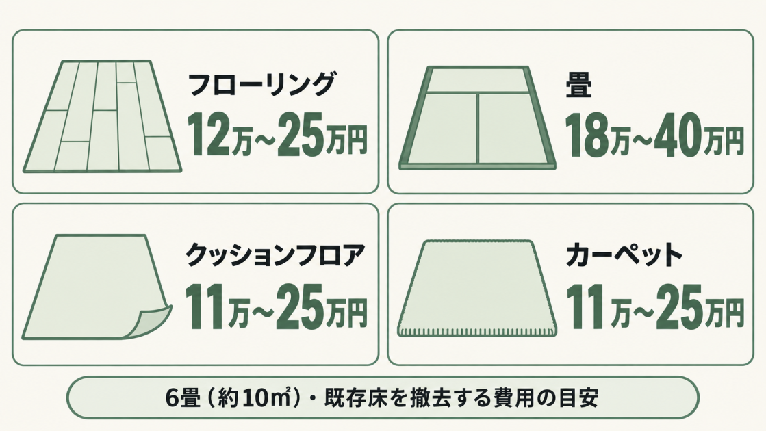 6畳・約10㎡の撤去を伴う張り替え費用の目安。フローリングは12万〜25万円、畳は18万〜40万円、クッションフロアとカーペットは各11万〜25万円。