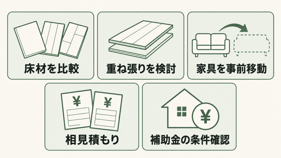 費用を抑える方法は、予算にあう床材選び、重ね張りの検討、家具の事前移動、相見積もり、条件にあう補助金の確認の5つ。