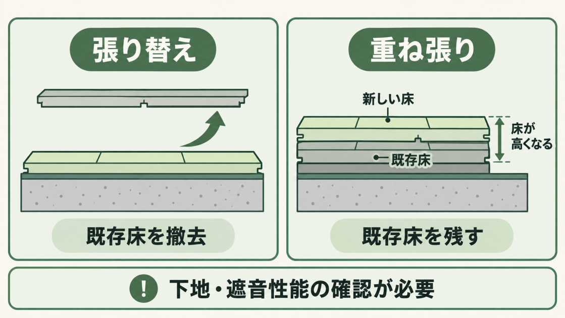 張り替えは既存床を撤去して新しい床材を施工する方法。重ね張りは既存床を残して新しい床材を重ねるため床が高くなる。施工前に下地と遮音性能の確認が必要。