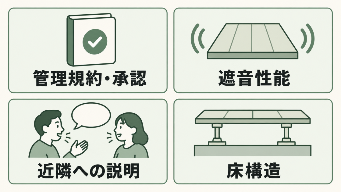 工事前の確認事項は、管理規約と承認手続き、遮音性能にあう床材、近隣への工事説明、直床か二重床かの床構造の4つ。