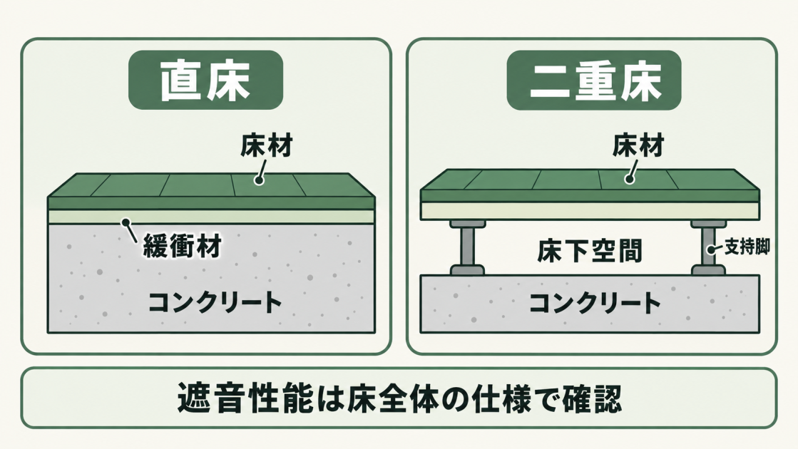直床は緩衝材などを介してコンクリートに直接床材を施工する構造。二重床は支持脚と下地で床材を支え、コンクリートとの間に床下空間を設ける構造。