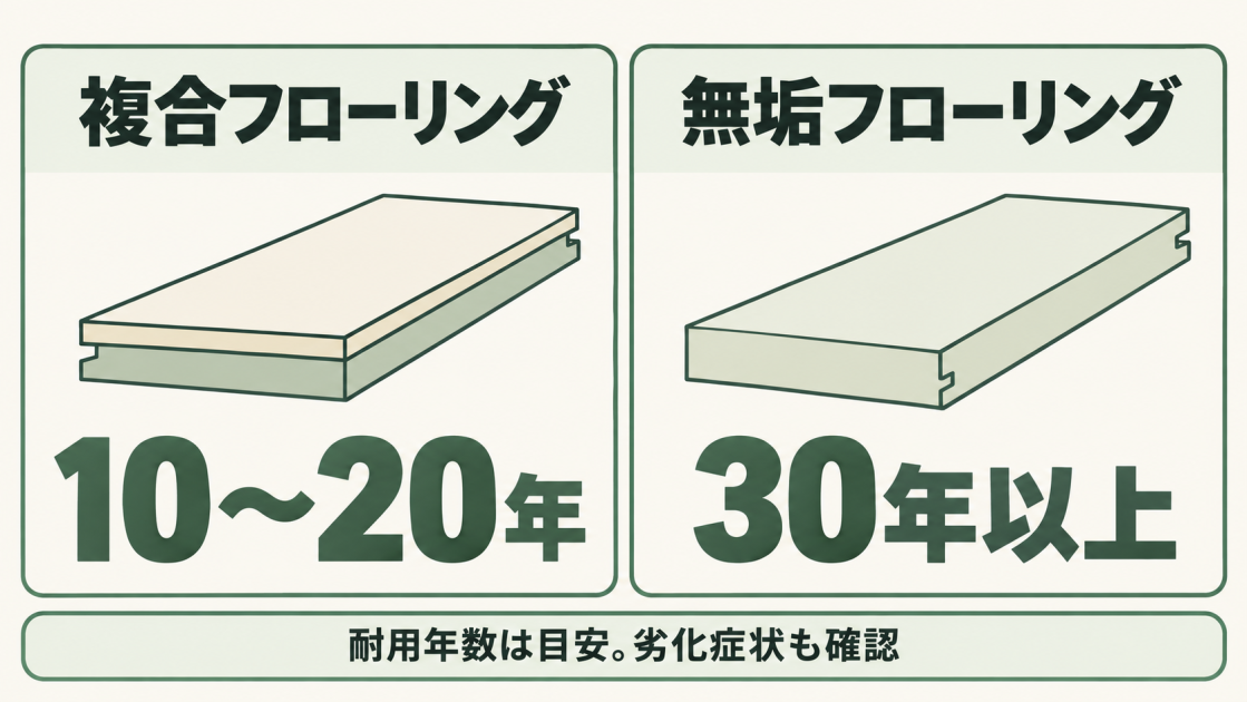 耐用年数の目安は複合フローリングが10〜20年、無垢フローリングが30年以上。使用環境や床の劣化症状もあわせて張り替え時期を判断する。