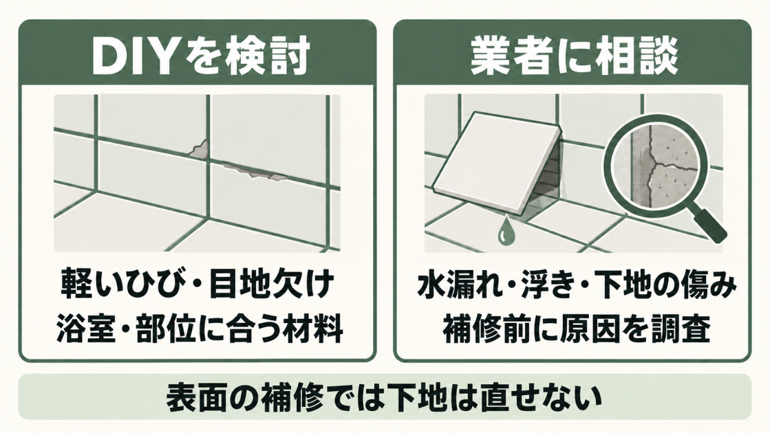 軽いひびや目地の欠けは浴室と施工部位に合う材料でDIYを検討できる。水漏れ、浮き、下地の傷みがある場合は補修前に業者へ相談し、原因を調べる。表面の補修では下地は直せない。
