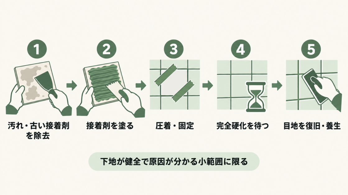下地が健全で原因が分かる小範囲では、汚れと古い接着剤の除去、接着剤の塗布、圧着と固定、完全硬化、目地の復旧と養生の順に貼り直す。