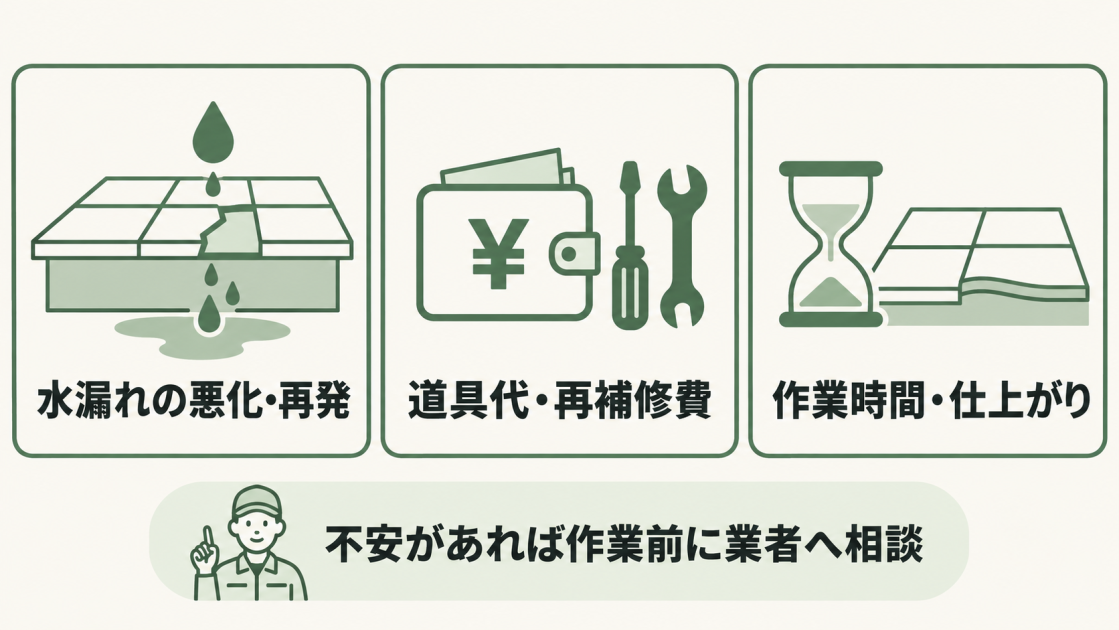 DIY補修には水漏れの悪化や再発、道具代と再補修費、作業時間と仕上がりの問題がある。不安があれば作業前に業者へ相談する。
