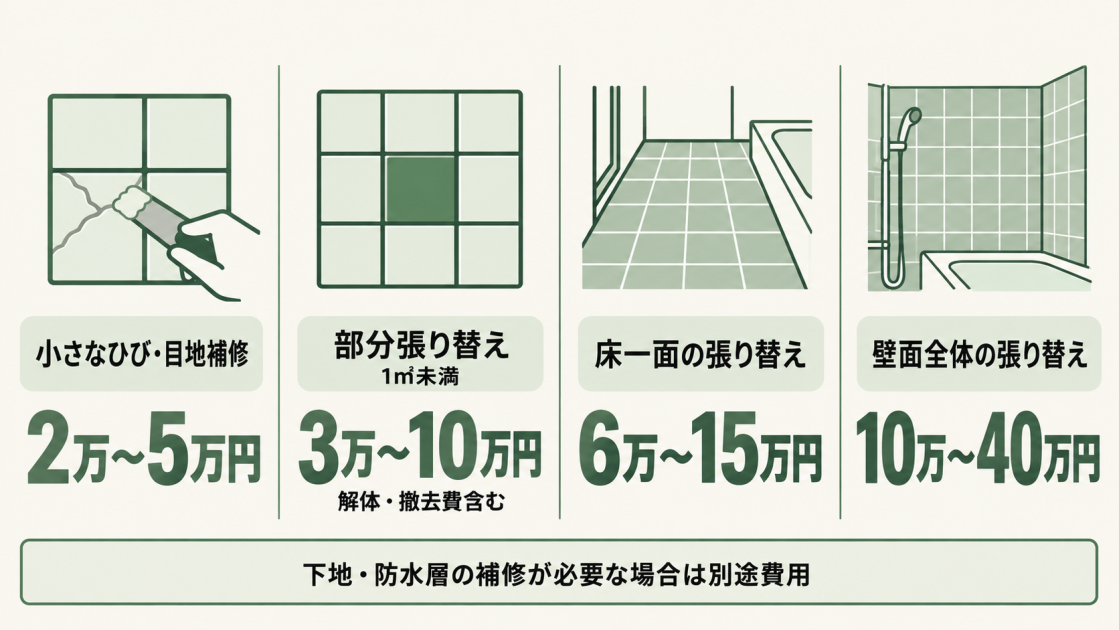 小さなひび割れや目地補修は2万〜5万円、1㎡未満の部分張り替えは解体・撤去費込みで3万〜10万円、床一面は6万〜15万円、壁面全体は10万〜40万円。下地や防水層の補修が必要な場合は別途費用がかかる。