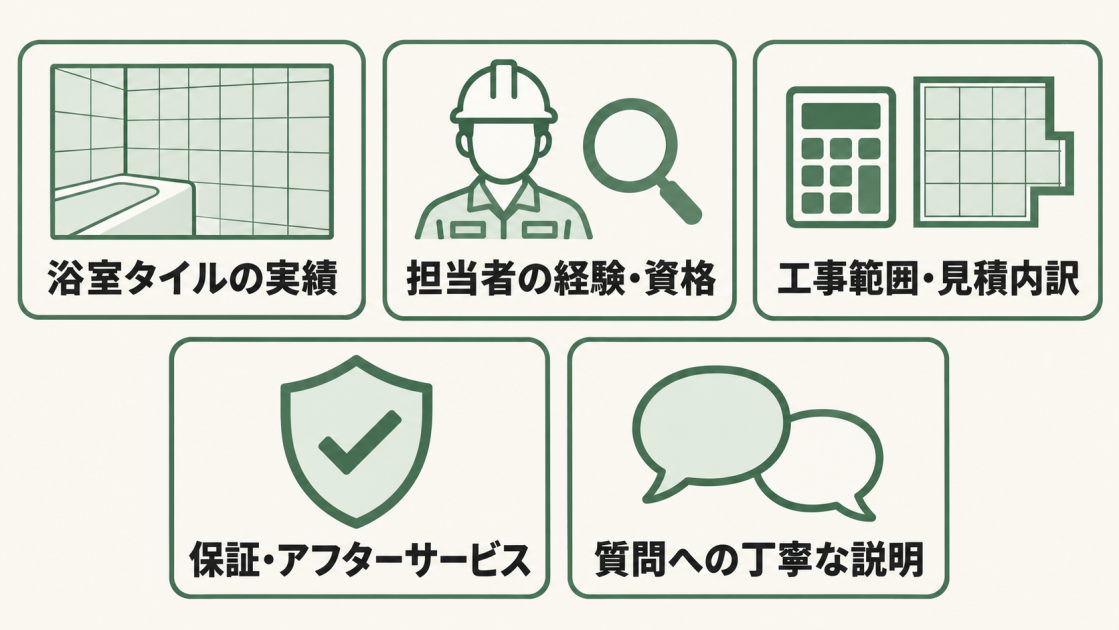 業者選びでは浴室タイルの施工実績、担当者の経験と資格、工事範囲と見積内訳、保証とアフターサービス、質問への丁寧な説明を確認する。