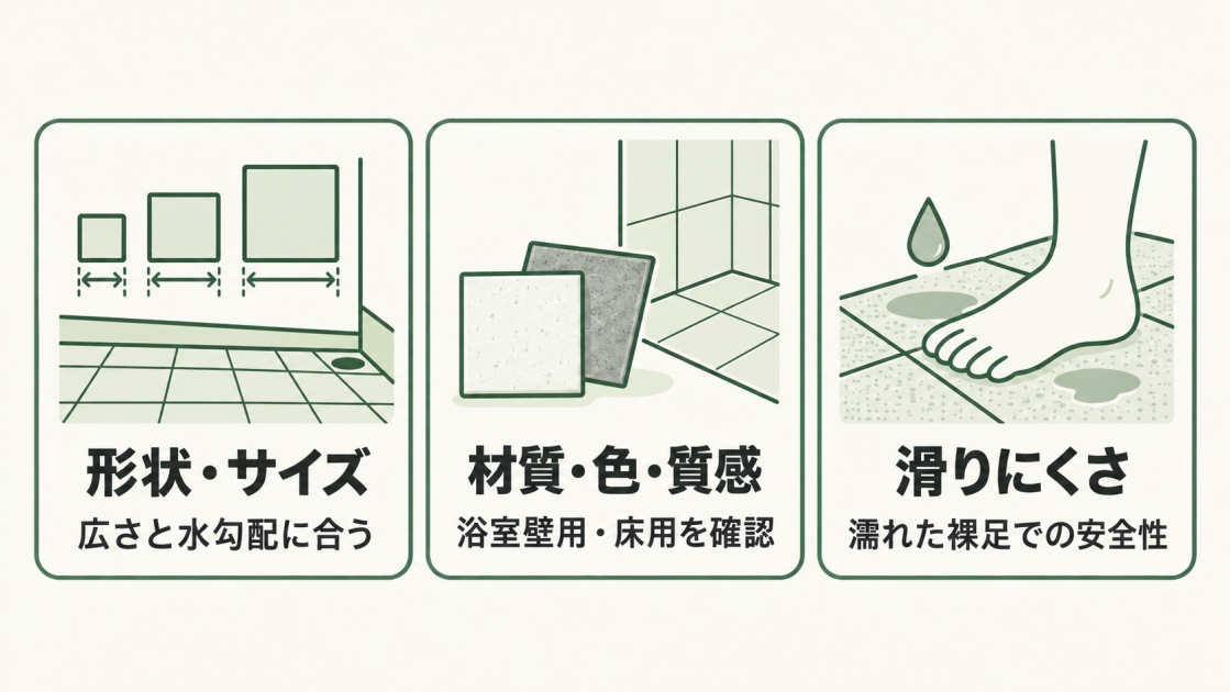 浴室の広さと水勾配に合う形状やサイズ、浴室壁用・床用の適合と材質や色・質感、濡れた裸足での滑りにくさを確認してタイルを選ぶ。