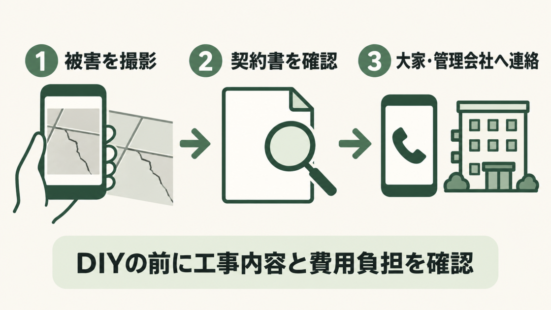 賃貸の浴室タイルが壊れたら、被害を撮影し、契約書を確認して、大家や管理会社へ連絡する。DIYの前に工事内容と費用負担を確認する。
