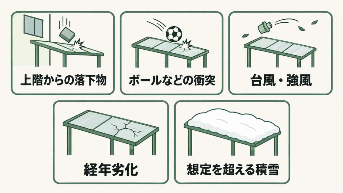 テラス屋根が破損する主な原因は、上階からの落下物、ボールなどの衝突、台風や強風、経年劣化、想定を超える積雪。