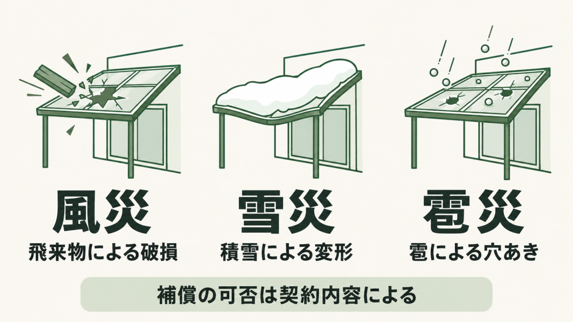 火災保険の補償例は、風災による飛来物での破損、雪災による積雪での変形、雹災による穴あき。補償の可否は契約内容による。