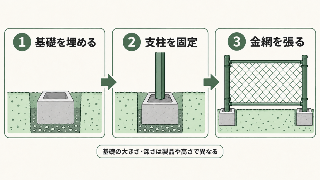 独立基礎を地中に埋め、支柱を固定し、金網を張る順に施工する。基礎の大きさや深さは製品やフェンスの高さによって異なる。