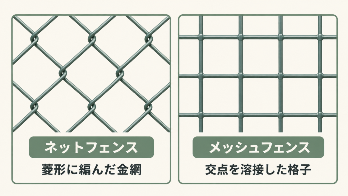 菱形に編んだ金網のネットフェンスと、交点を溶接した格子状のメッシュフェンスを比較。