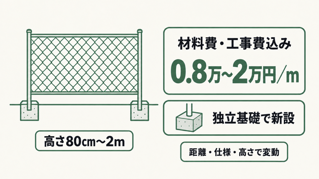高さ80cm〜2mのネットフェンスを独立基礎で新設する場合、材料費・工事費込みで1mあたり0.8万〜2万円が目安。距離・仕様・高さで変動する。