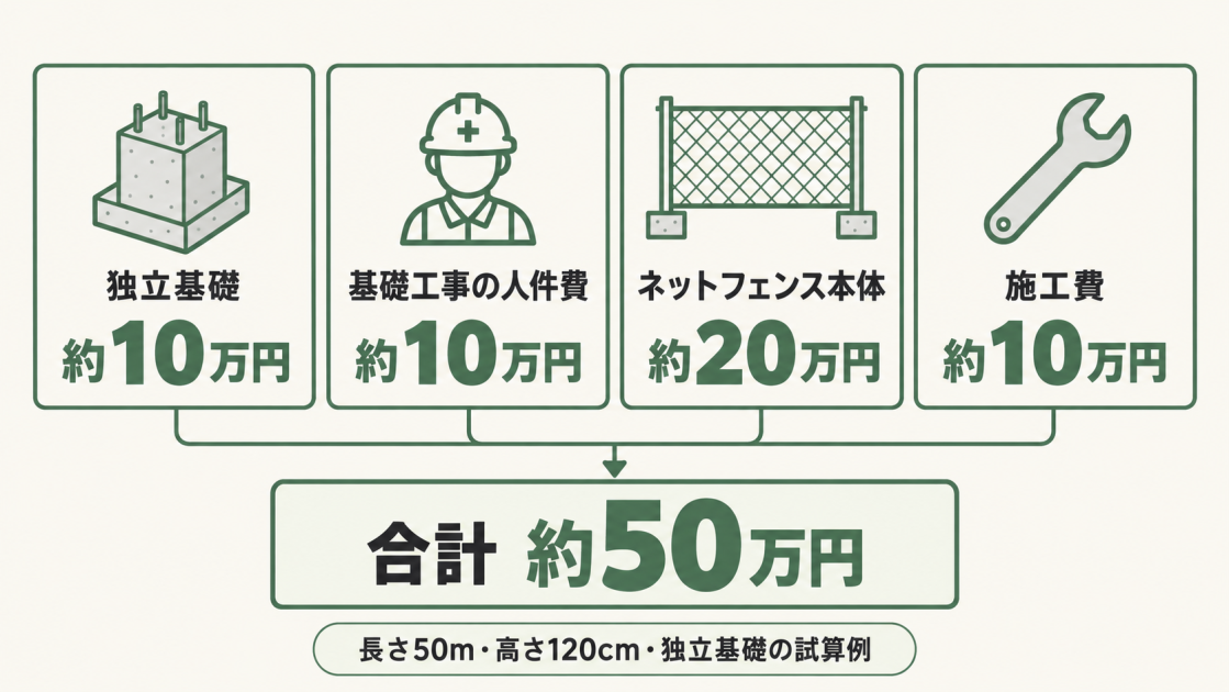 長さ50m・高さ120cmを独立基礎で施工する試算例。独立基礎約10万円、基礎工事の人件費約10万円、本体約20万円、施工費約10万円で、合計約50万円。