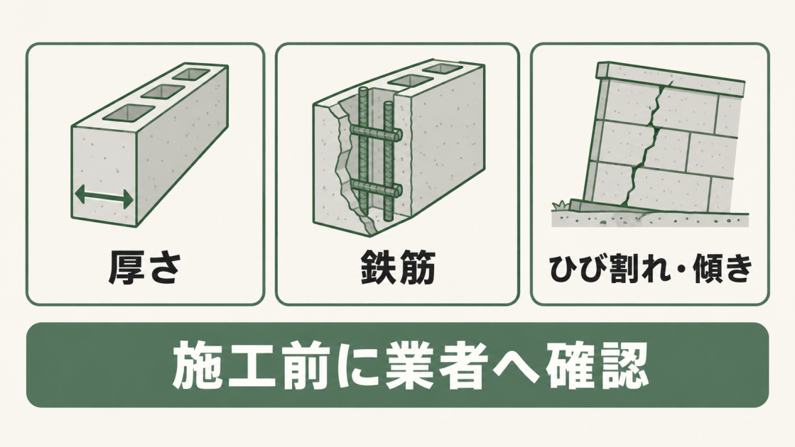 既存ブロックの厚さ、鉄筋、ひび割れや傾きを、フェンスの施工前に業者へ確認する。