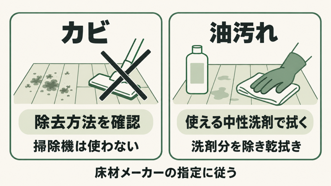 カビは床材メーカーに除去方法を確認し、掃除機を使わない。油汚れは床材に使える中性洗剤で拭き、洗剤分を除いて乾拭きする。