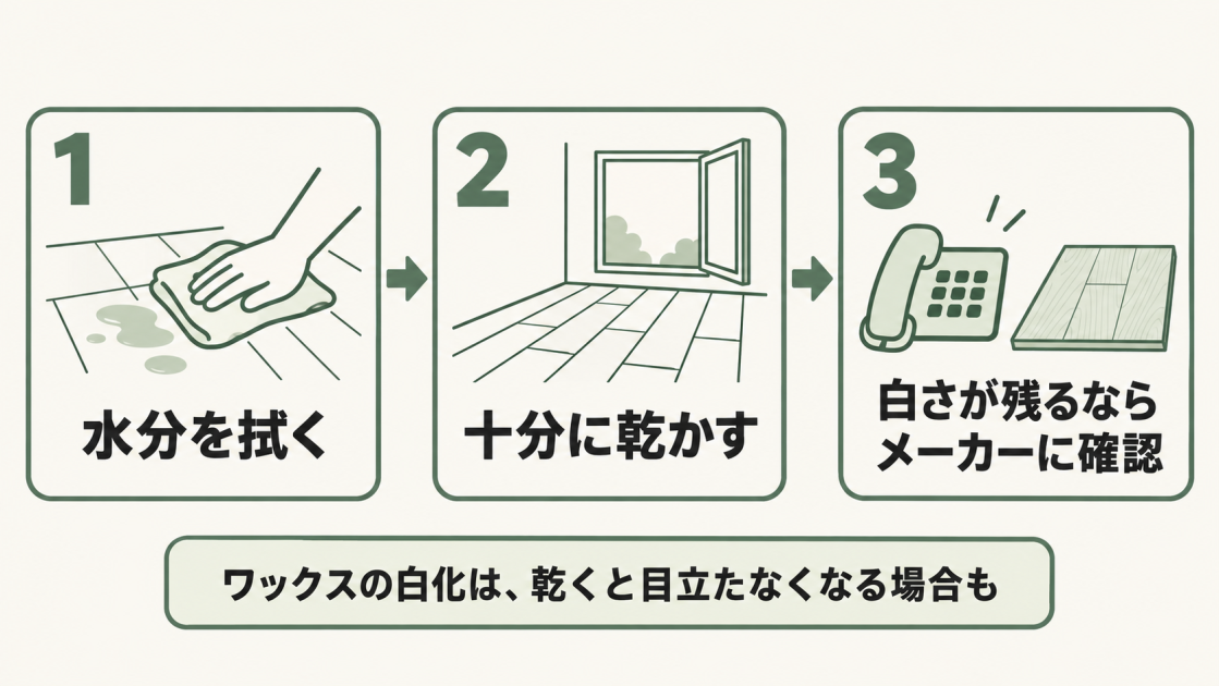 床が白く変色したら水分を拭き取り、十分に乾かす。白さが残る場合は床材やワックスのメーカーに確認する。