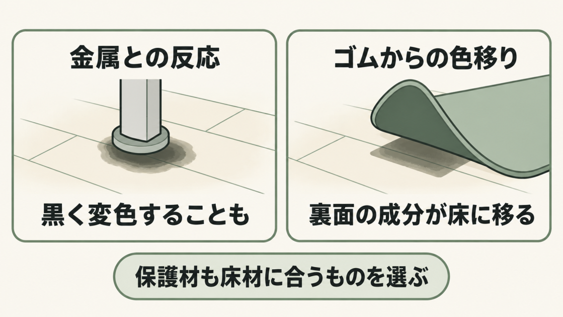 金属との反応による黒い変色と、ゴムやマットの裏面成分が移る変色を比較。床に触れる保護材も床材に適したものを選ぶ。