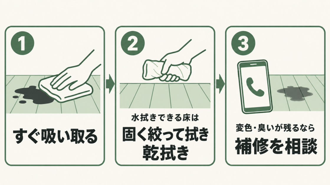 液体やペットの尿はすぐ吸い取る。水拭きできる床は固く絞った布で拭いて乾拭きし、変色や臭いが残る場合はメーカーや補修業者に相談する。