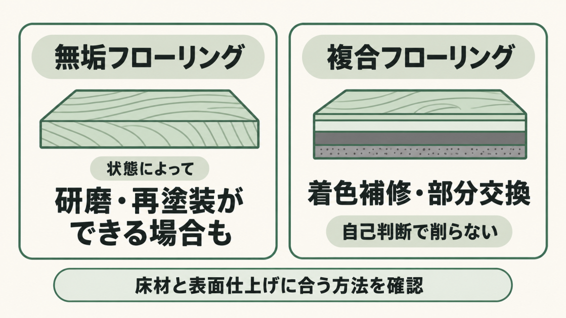 無垢フローリングは状態によって研磨・再塗装が可能。複合フローリングは着色補修や部分交換を検討し、自己判断で削るのを避ける。