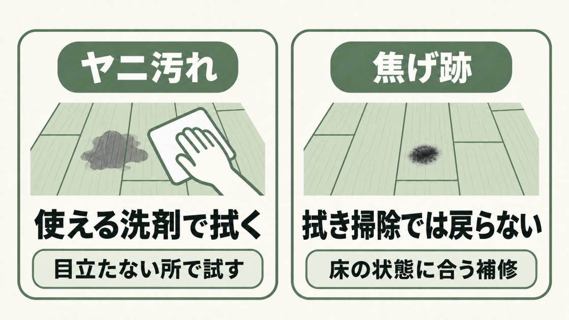 ヤニ汚れは床材に使える洗剤を目立たない場所で試して拭く。焦げ跡は拭き掃除で元に戻らないため、床の状態に合う補修が必要。