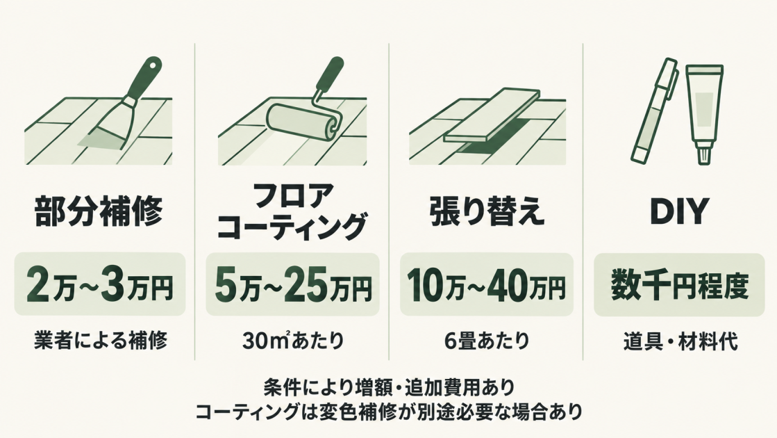 記事掲載の目安は、業者の部分補修2万～3万円、フロアコーティング30㎡で5万～25万円、張り替え6畳で10万～40万円、DIYの道具・材料代は数千円程度。条件により増額する。