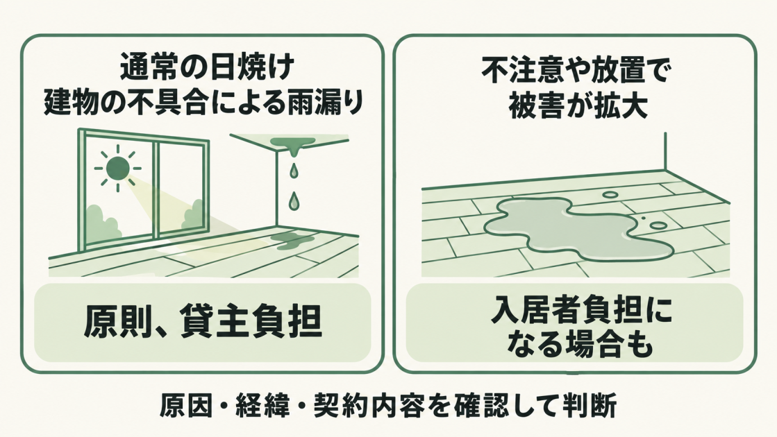 通常の日焼けや建物の不具合による雨漏りは原則として貸主負担。不注意や放置による被害拡大は入居者負担になる場合があり、原因・経緯・契約内容を確認して判断する。