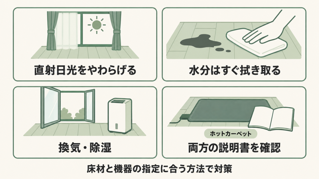 カーテンで直射日光を和らげ、水分はすぐ拭き取り、換気・除湿を行う。ホットカーペットは床材と機器の説明書を確認して使う。