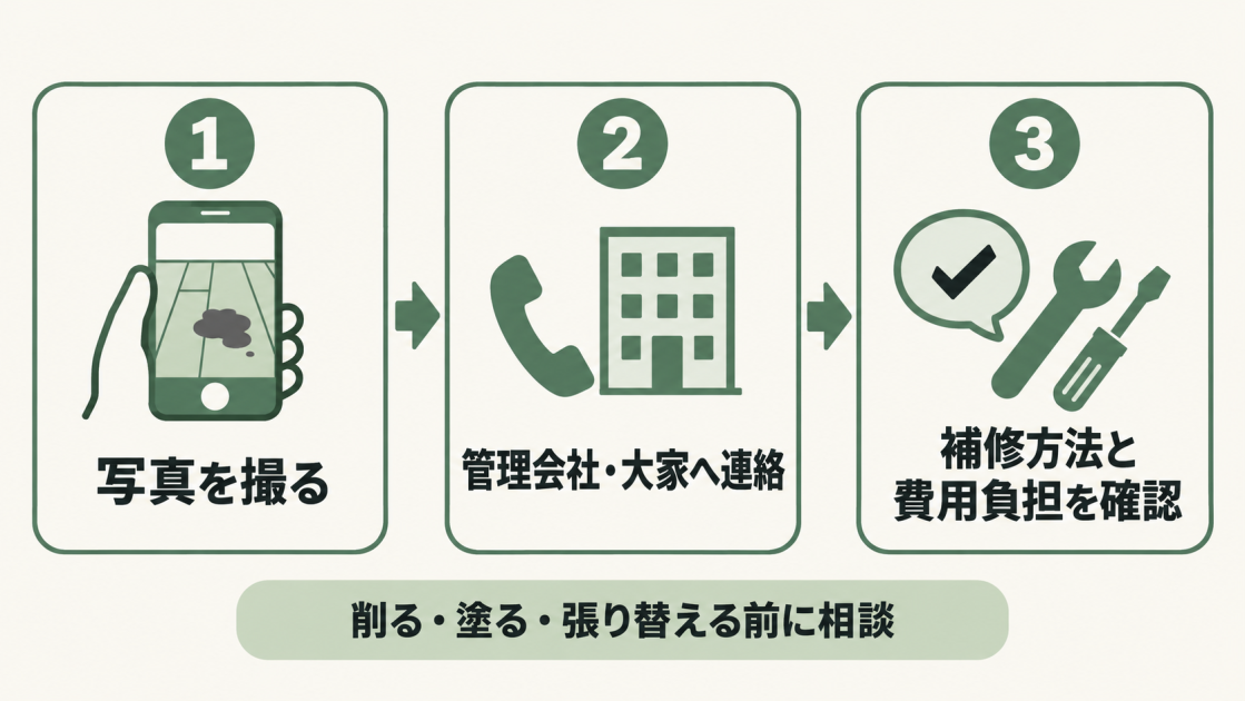 賃貸の床に変色やカビを見つけたら写真を撮り、管理会社や大家さんへ連絡する。研磨・塗装・張り替えの前に補修方法と費用負担を確認する。