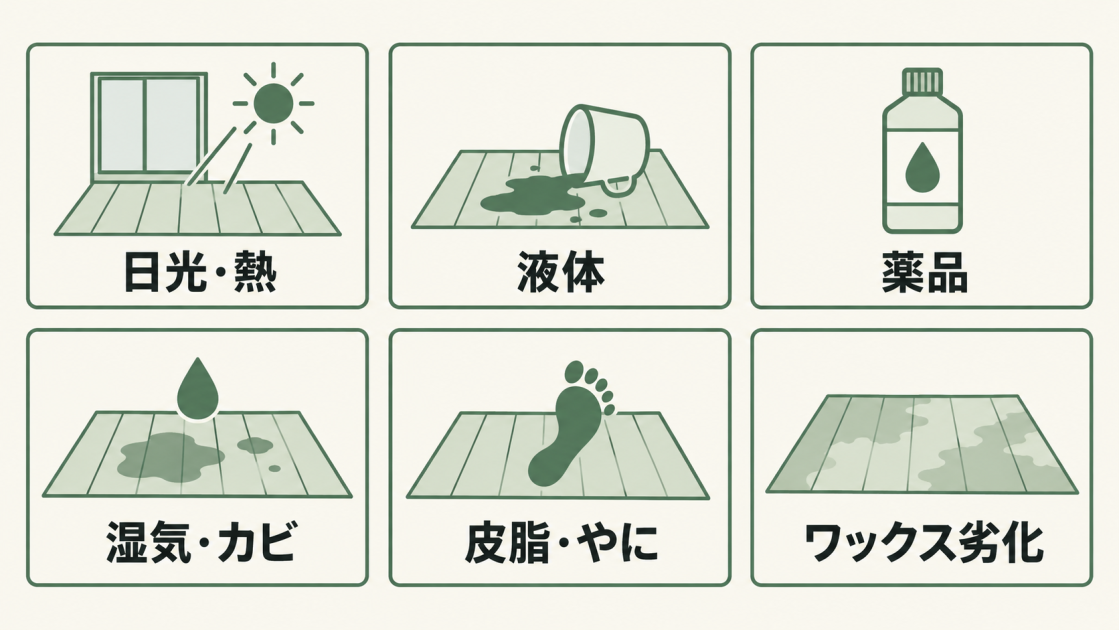 床の変色原因を、日光・熱、液体、薬品、湿気・カビ、皮脂・やに、ワックス劣化の6つに整理した図。