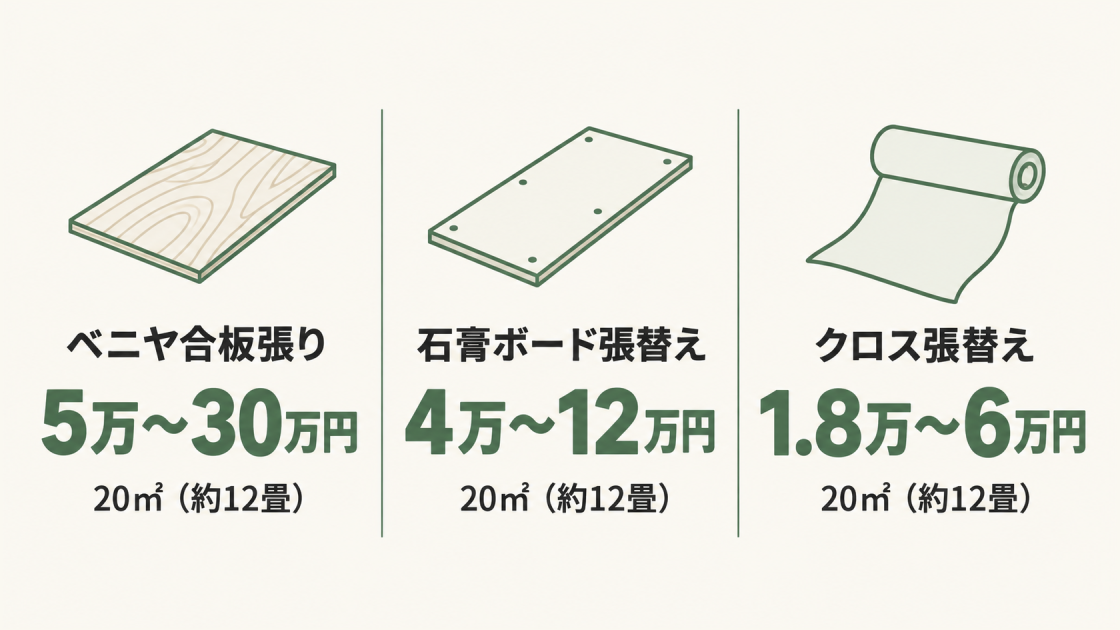 20㎡（約12畳）の天井工事の費用目安。ベニヤ合板張りは5万～30万円、石膏ボードの張替えは4万～12万円、クロスの張替えは1.8万～6万円。