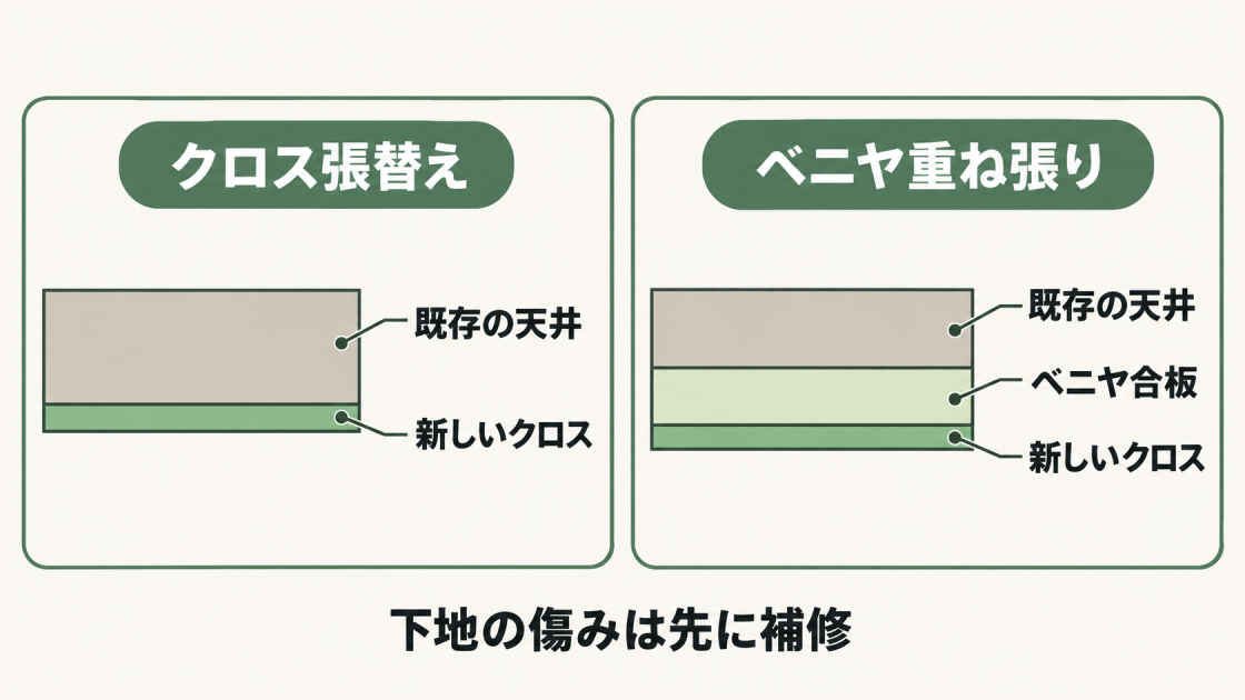 クロスのみを張り替える方法と、既存天井にベニヤ合板を重ねてクロスで仕上げる方法の断面比較。下地の傷みは先に補修する。